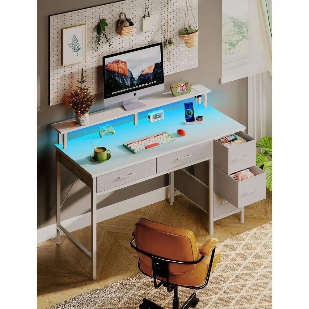 47 Inch Home Office Desk W/ 5 Drawers, Computer Desk W/ Power Outlets & LED