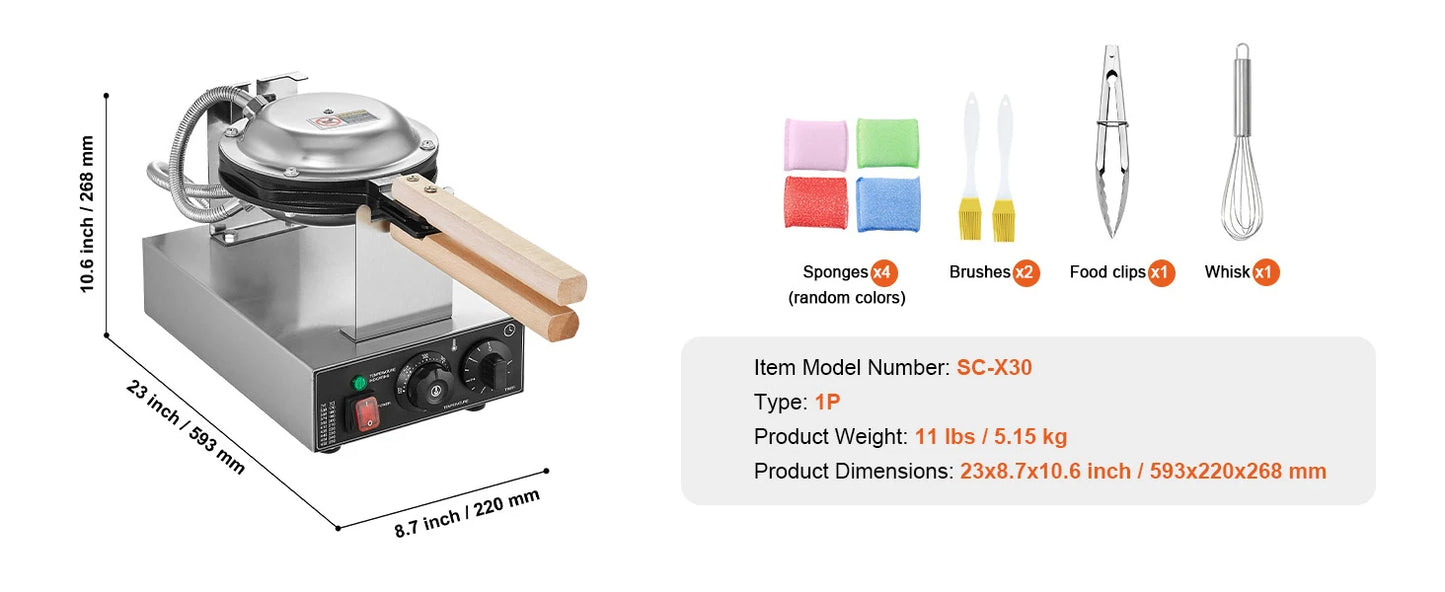 SucceBuy Commercial Egg Bubble Waffle Maker 1400W Non-Stick Stainless Steel Bubble Puff w/180°