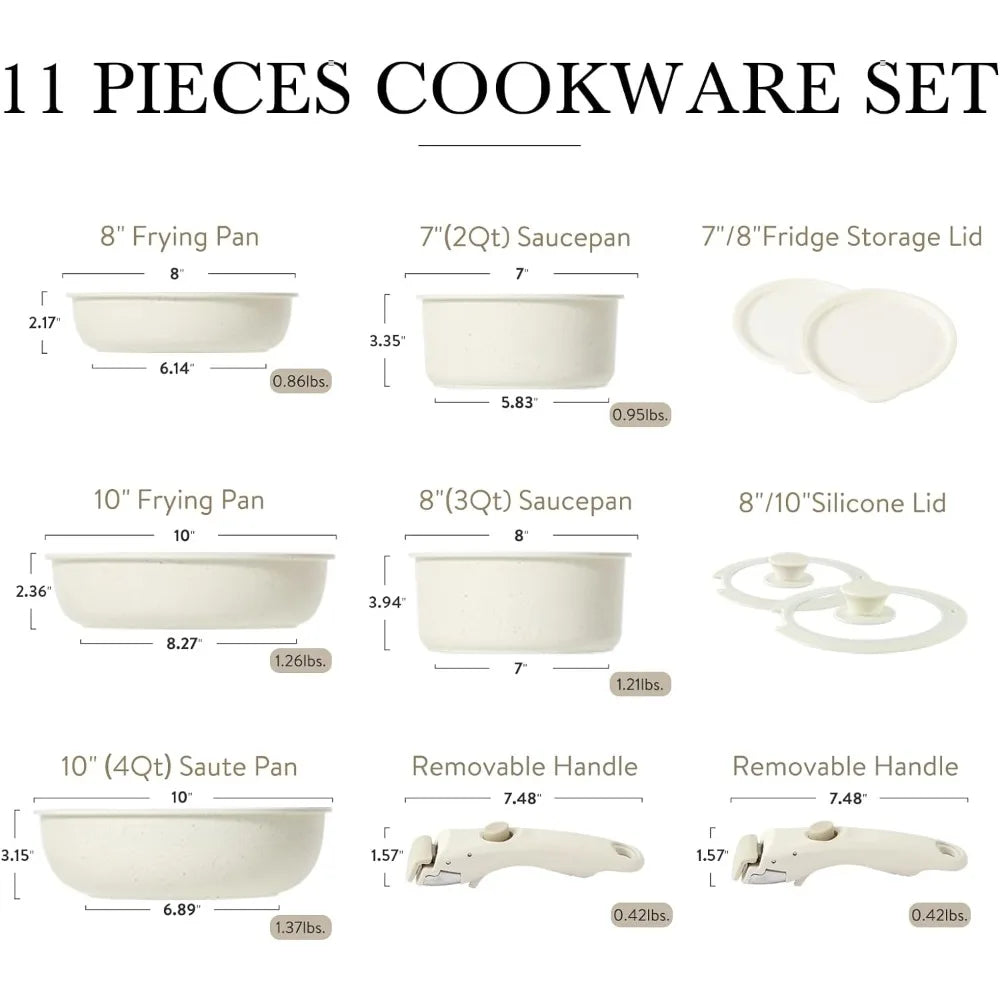 CAROTE 11pcs Pots and Pans Set, Nonstick Cookware Set Detachable Handle, Induction, Oven safe