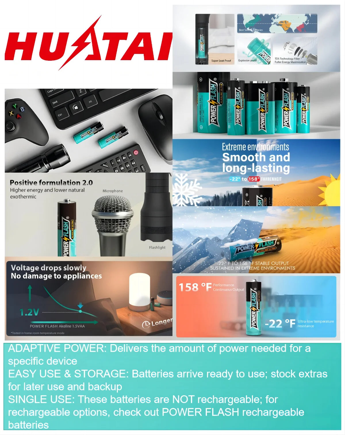HUATAI PowerFlash AA 100 pcs Alkaline Long-Lasting Batteries, Double A, LR06 High-performance