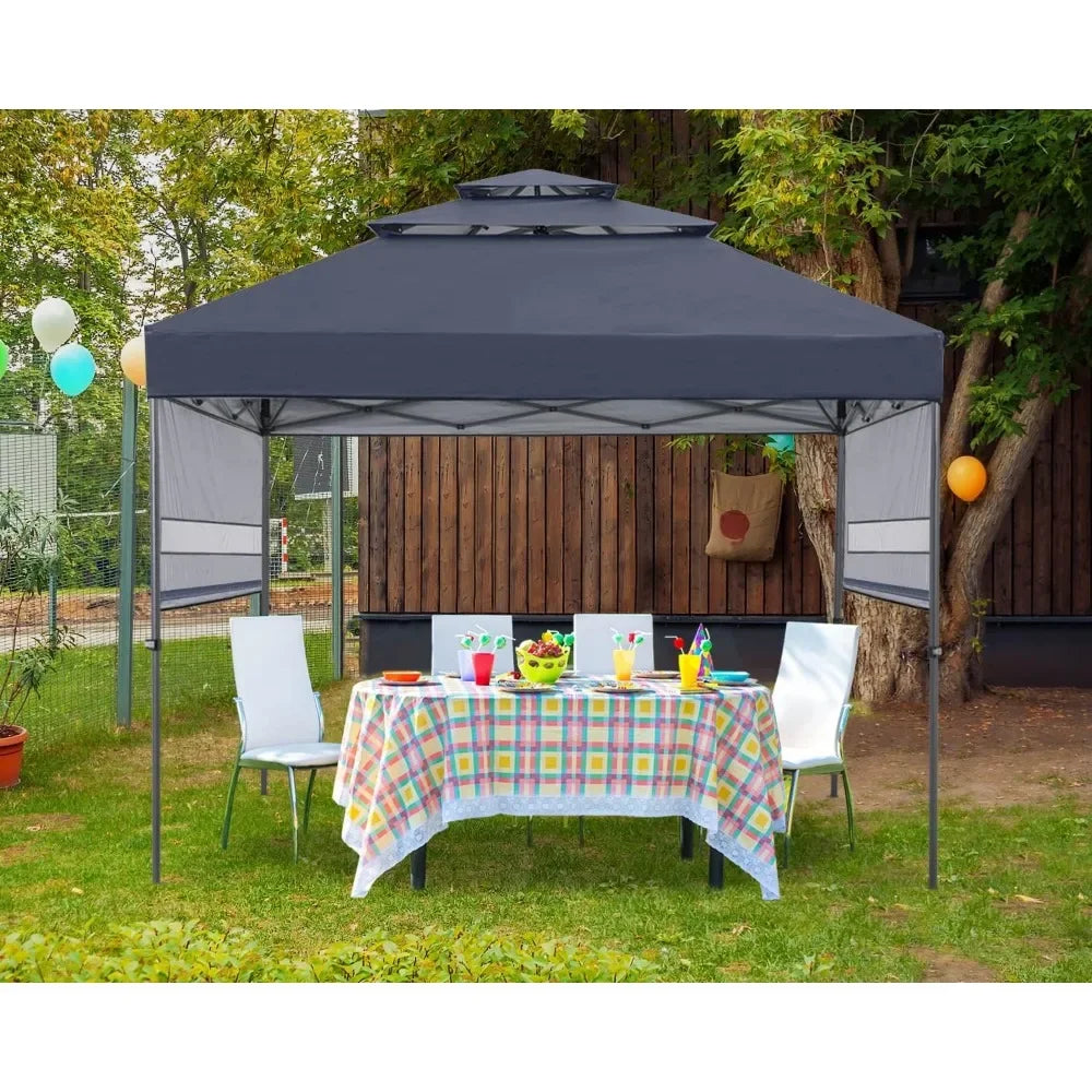 Pop Up  3-Tier Instant Canopy With Adjustable Dual Half Awnings Tent Dark Gray
