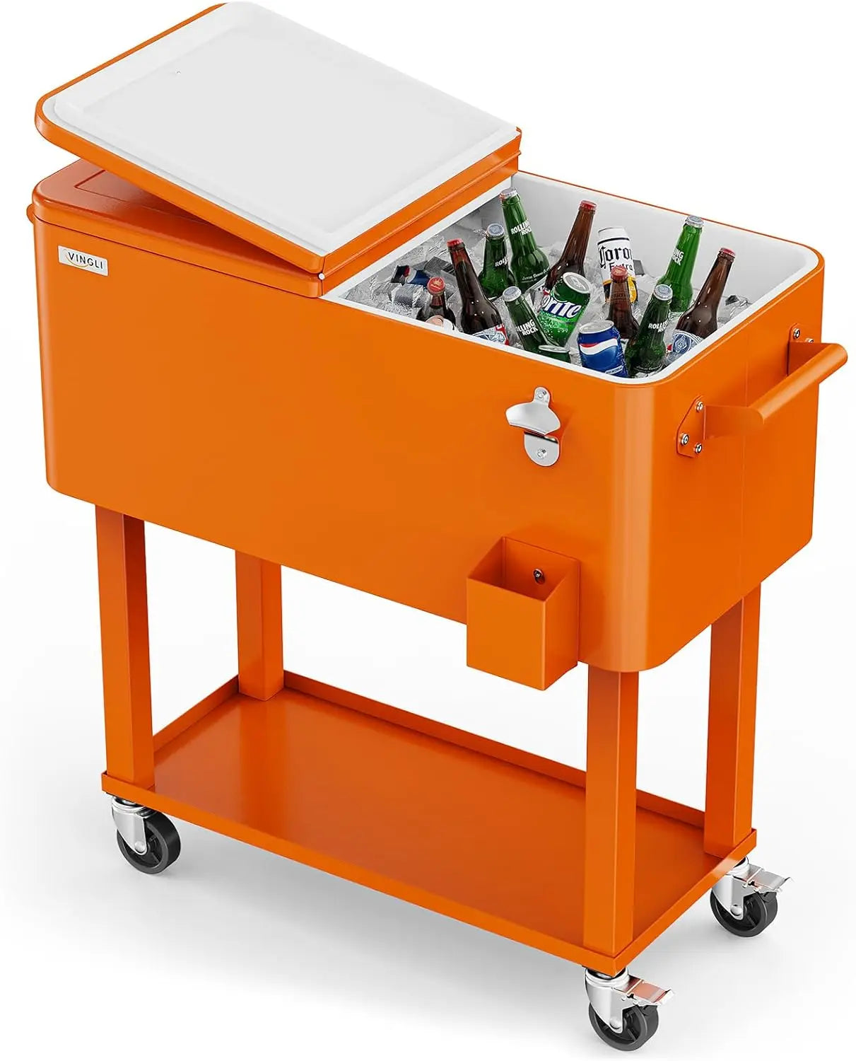 VINGLI 80 Quart Rolling Ice Chest, Portable Patio Party Bar Drink Cooler Cart,w/Shelf, Bottle Opener