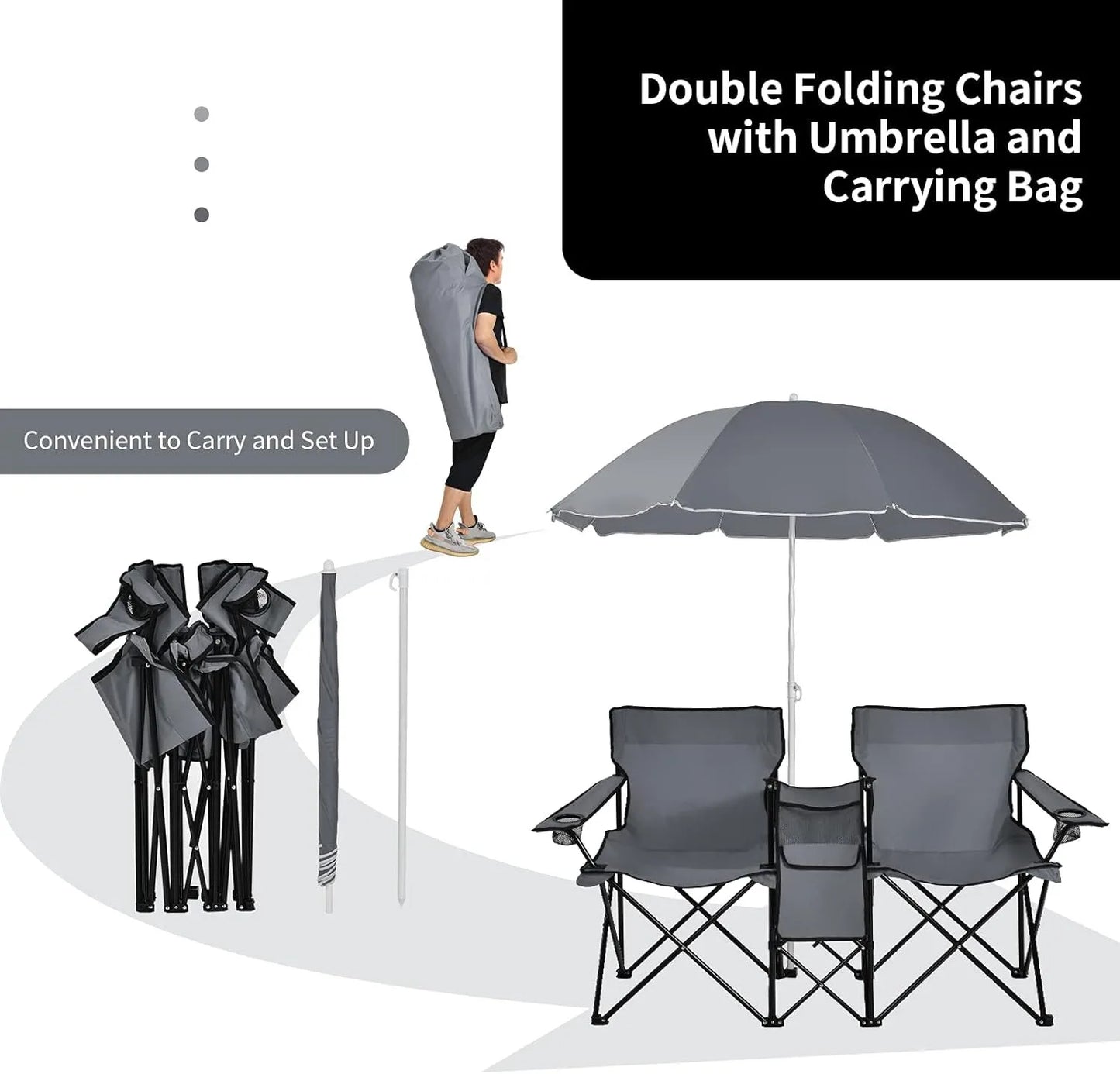 Portable Folding Picnic Double Chair W/Umbrella Table Cooler Beach Camping Chair