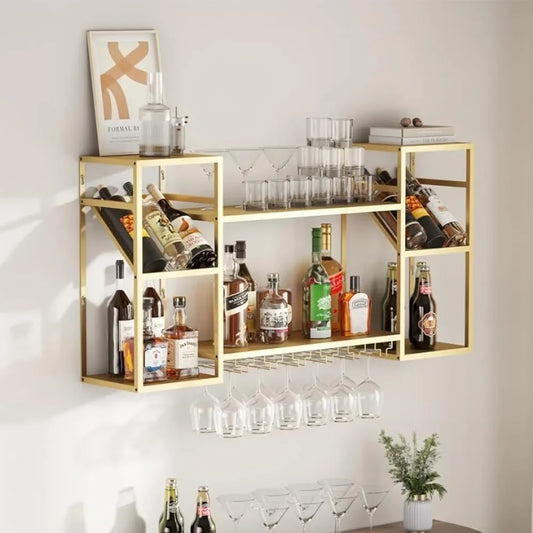Wall Mounted Wine Rack, Glass Holder Storage Metal Floating Bar Liquor Shelves 2 Tier Display