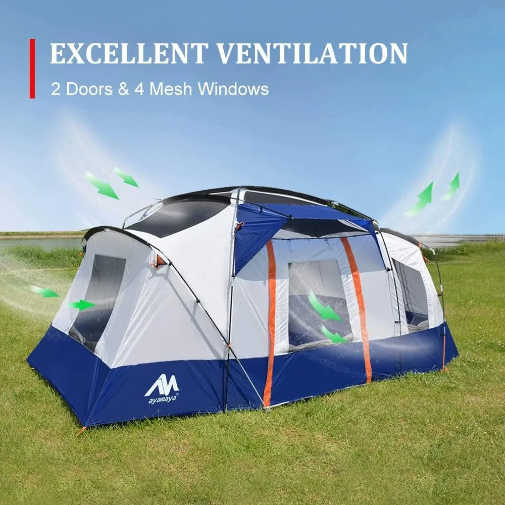 10 Person Waterproof Multi Room Large Family Camping Tents w/ Skylight & Removable Rainfly