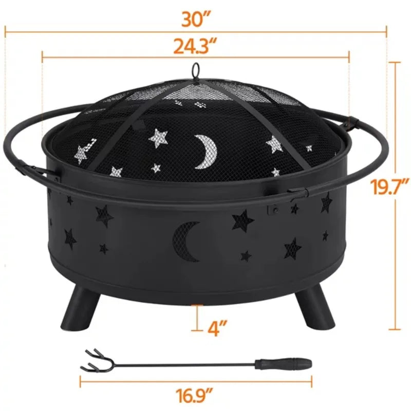 Iron Fire Pit Set Heating Equipment Camping Fire Bowl with Poker Mesh Cover for BBQ Backyard Patio
