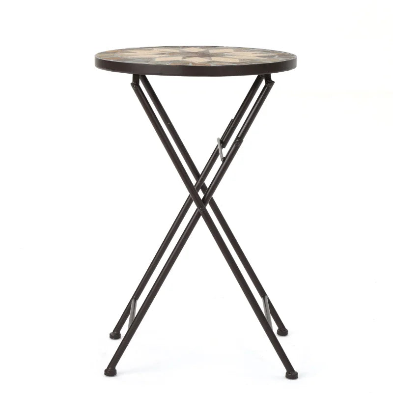 Owen Outdoor Stone Side Table with Iron Frame, Beige and Black 14.00 X 14.00 X 22.00 Inches