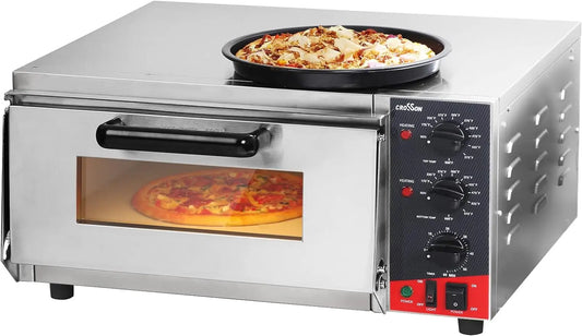 CROSSON Countertop Electric Commercial Pizza Oven w/ Pizza Stone And 60-min Timer, Stainless Steel