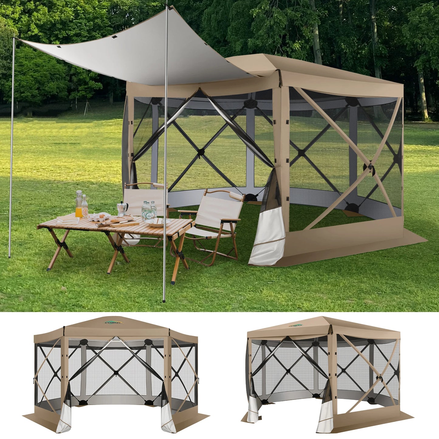 Pop Up Gazebo 12'x12' 6-Sided Screen House Tent for Camping, Instant Stargazing Gazebo Canopy