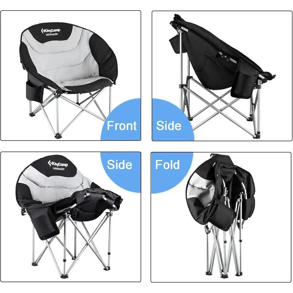 Oversized Cushioned Moon Saucer Folding Camping Chairs with Cup Holders (Black, Set of 2)