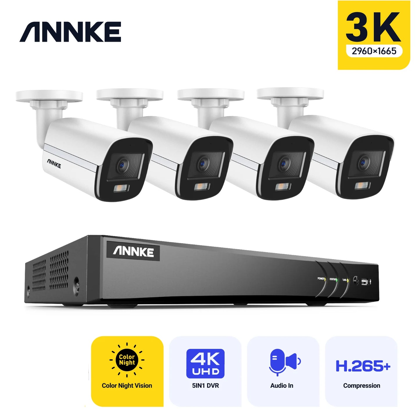 ANNKE 8CH 5MP Video Surveillance 5IN1 DVR/4X 5MP Waterproof Cameras CCTV Kit Color Night Vision