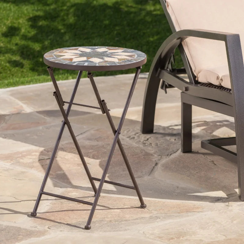 Owen Outdoor Stone Side Table with Iron Frame, Beige and Black 14.00 X 14.00 X 22.00 Inches