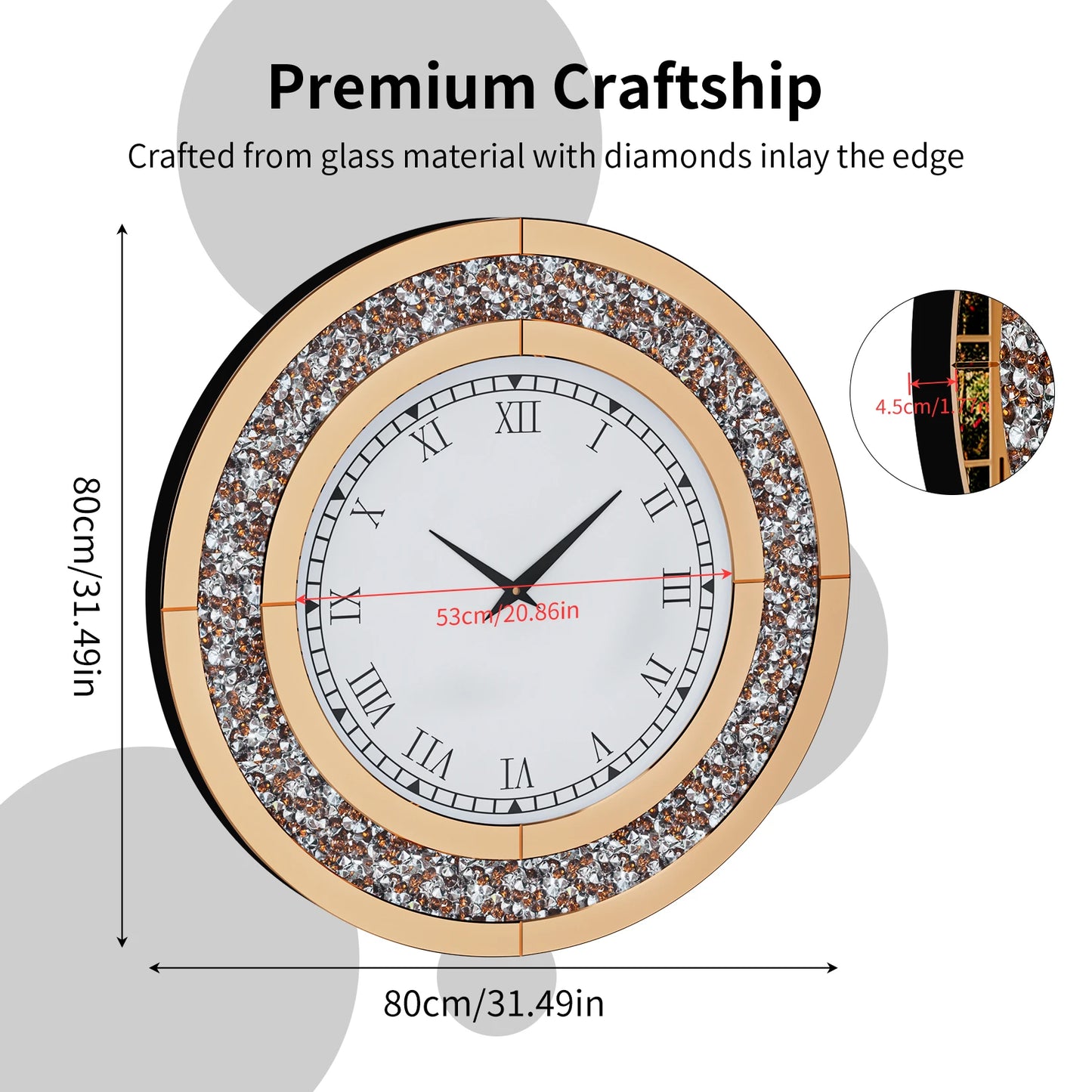 60/80CM Bling Silver Round Mirror Clock Glam Sparkle Twinkle Shining Mirrored Wall Clock