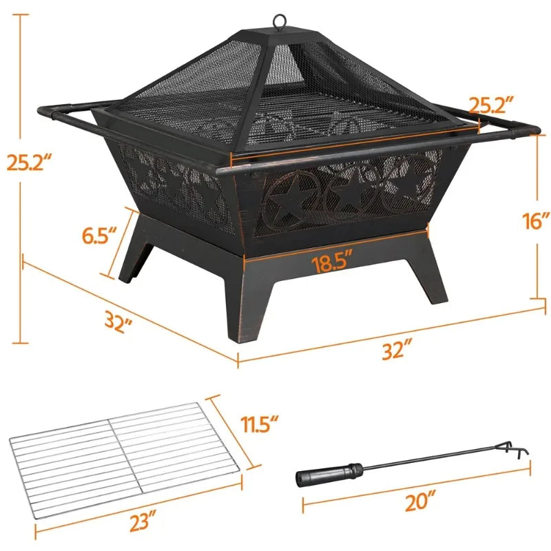 SMILE MART 32" Iron Fire Pit Heating Equipment with Mesh Cover Grills Poker for Patio Garden Camping
