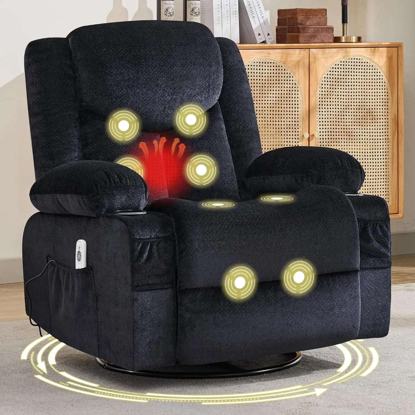 Swivel Recliner Chair for Adults,Oversized Rocker Recliner w/Massage and Lumbar Heat,Rocking Chair