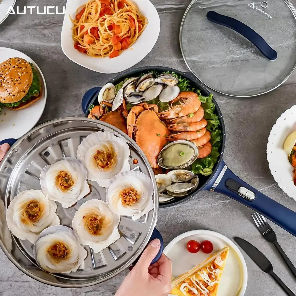 AUTUCU Electric Hot Pot 3L Nonstick Frying Steamer 1200W Power Adjustable Cooking Boiling Sautéing