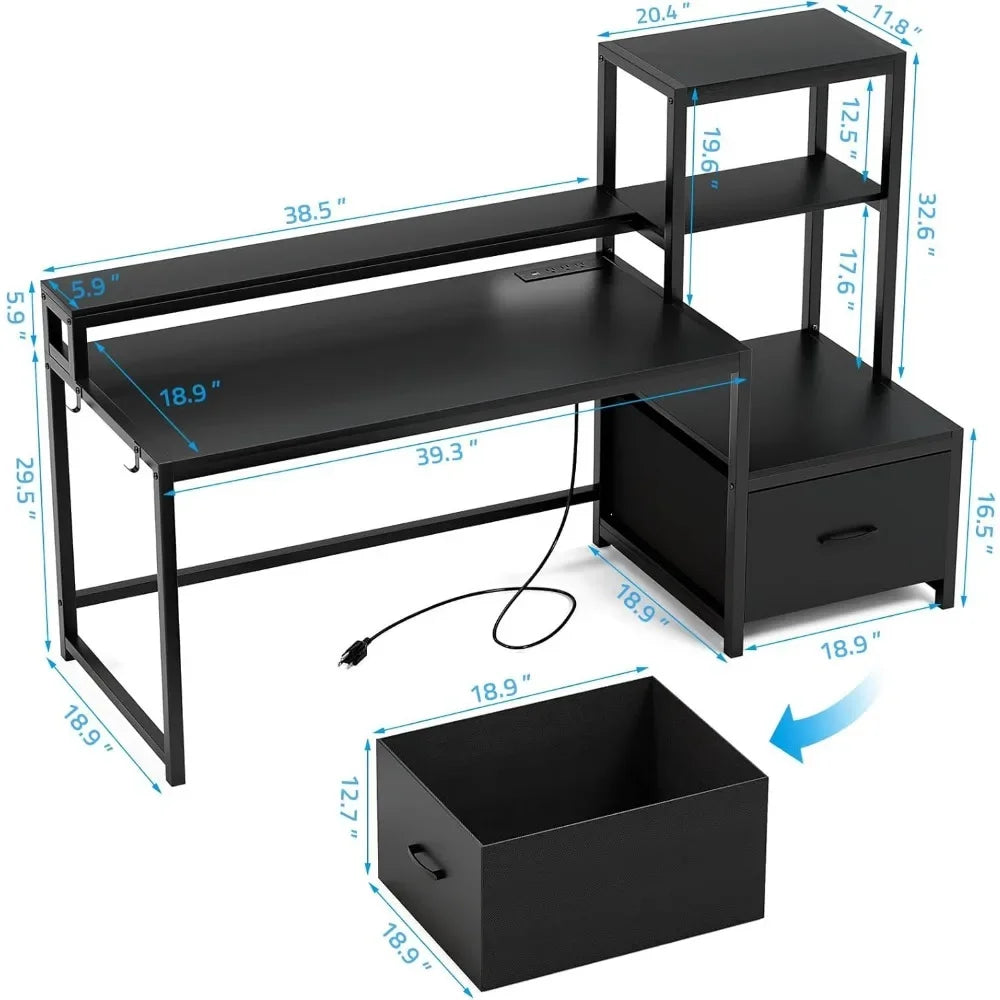 Computer Desk W/Drawer & Printer Shelf Reversible 59 Inch Gaming Desk W/LED & Outlets