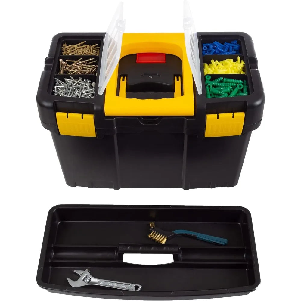 Portable Tool Box with Wheels - w/Fold-Down Comfort Handles, Removable Storage Trays, Black/Yellow