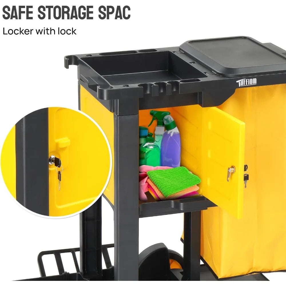Janitorial Cart with Key-Locking Cabinet, 3-Shelf Commercial Cleaning Cart, Housekeeping Caddy