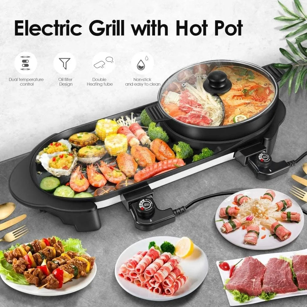 2 in 1 Electric Smokeless Grill and Removable Hot Pot, 2200W Baking Tray, Non-Stick