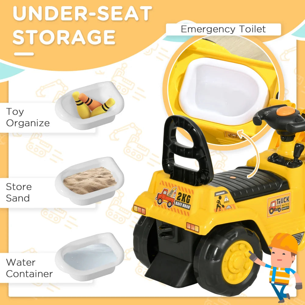 Ride On Excavator/Under Seat Storage, Sit and Scoot Construction Toy w/Horn, Front Loader Shovel
