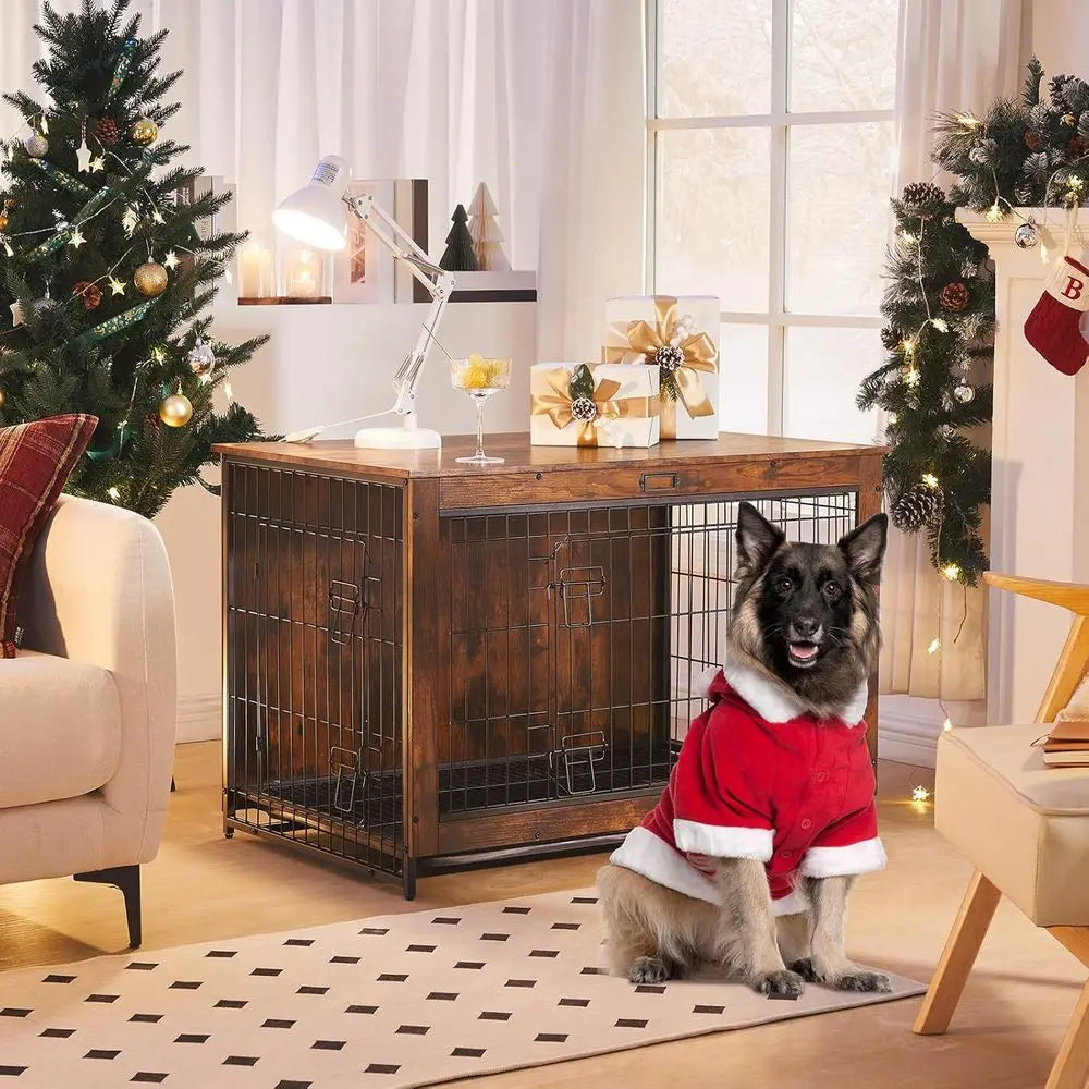 Large Wooden Dog Crate, 38.6 Indoor Kennel with Pull-Out Tray/Large, Medium, and Small Dogs