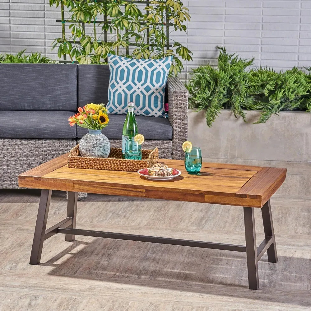 Outdoor Acacia Wood Coffee Table, Sandblast/Rustic Metal desk