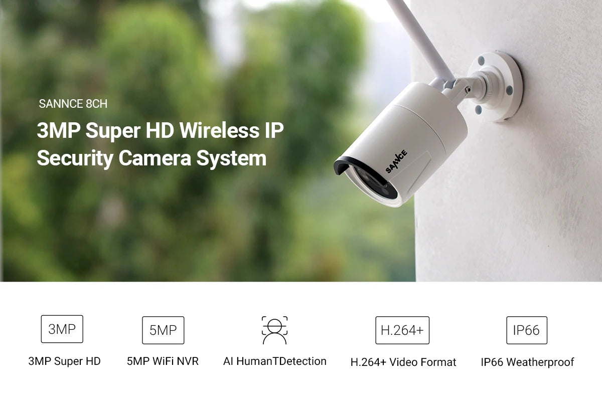 SANNCE 8CH 3MP WIFI NVR 8PCS 2.0MP IR Outdoor Weatherproof CCTV Wireless IP Camera Security Video