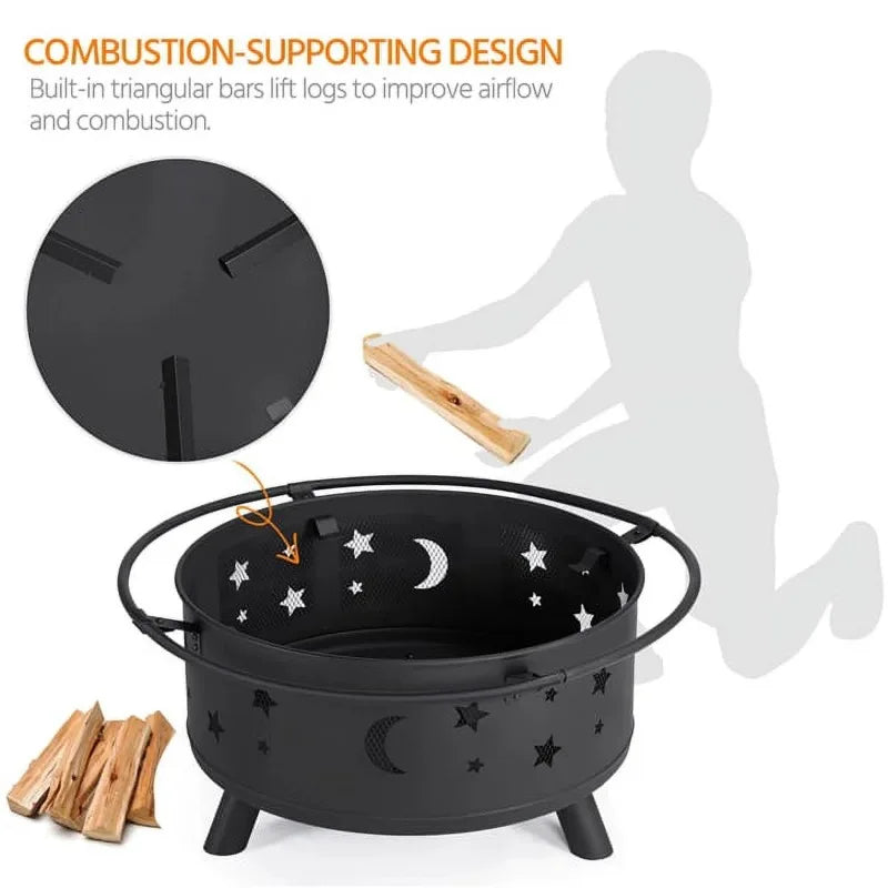 Iron Fire Pit Set Heating Equipment Camping Fire Bowl with Poker Mesh Cover for BBQ Backyard Patio