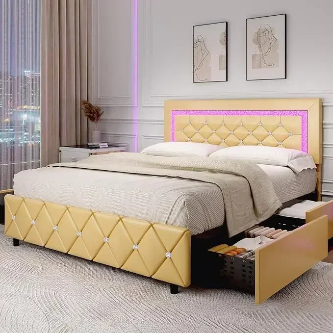 Full Size Bed Frame/LED/Drawers, Princess Platform Bed/Diamond Headboard and Footboard, Upholstered