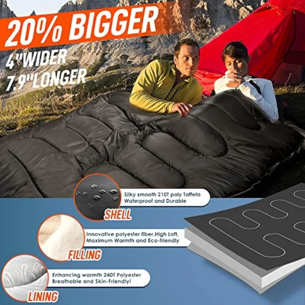 Double Sleeping Bag for Adults Men with Pillow, XL Queen Size Two Person Sleeping Bag