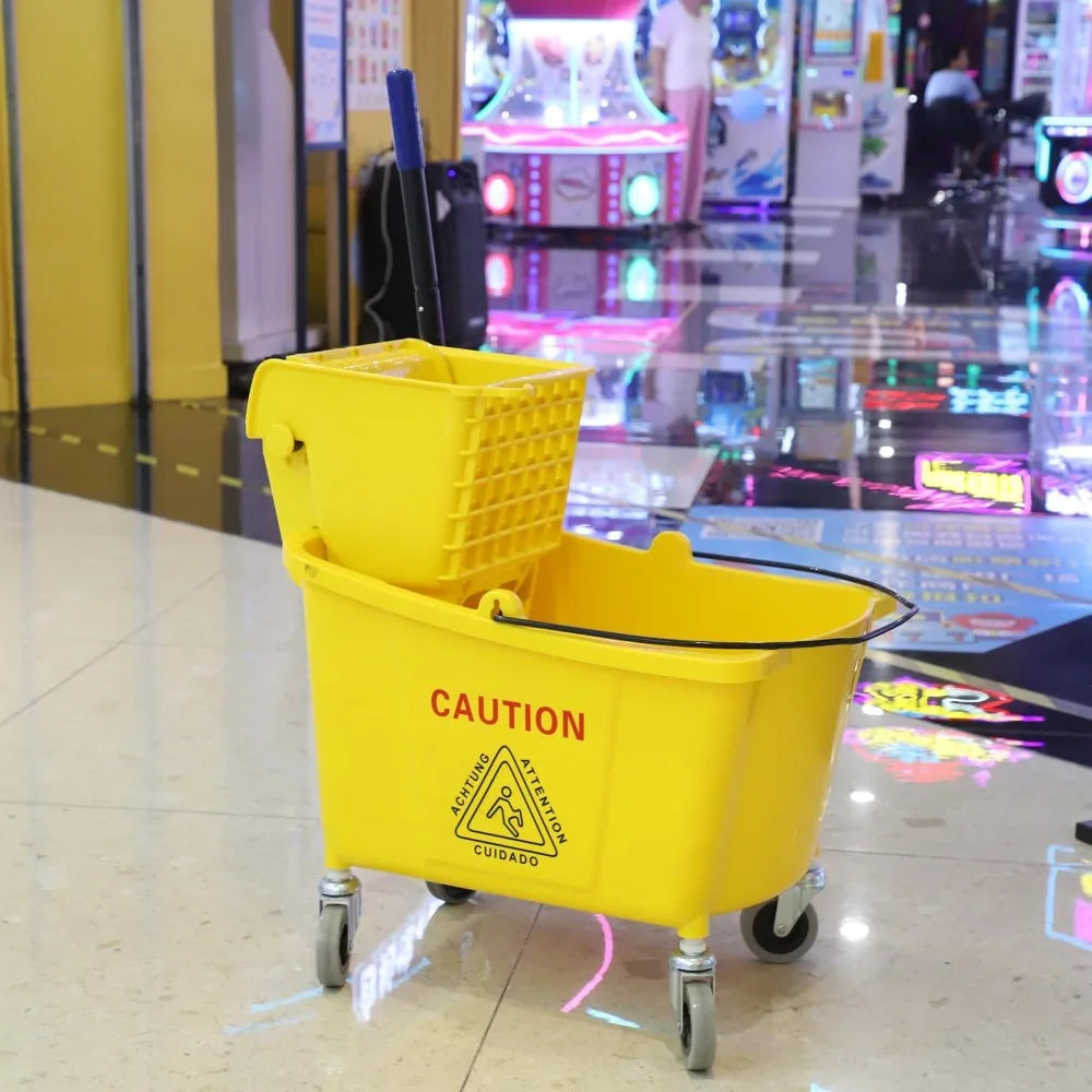 35 Quart Commercial Mop Bucket with Side Press Wringer, Yellow, Includes Mop for Floor Cleaning