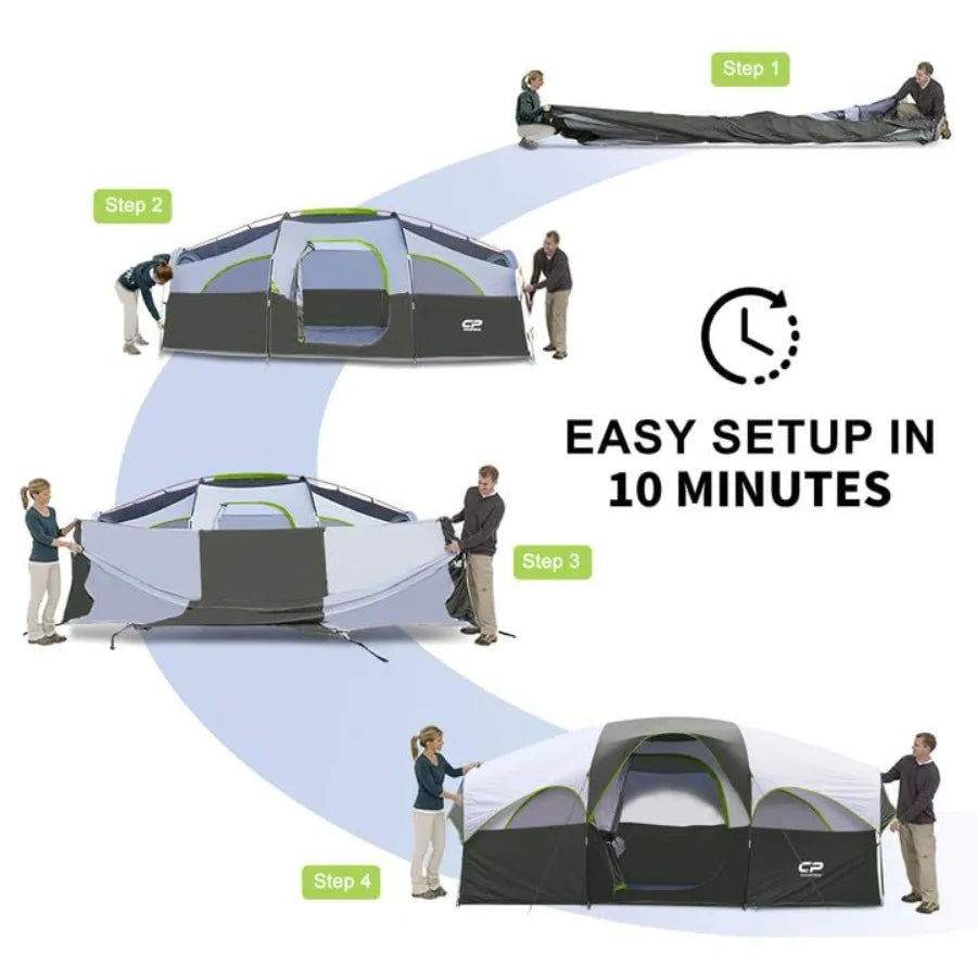 8 Person Weather Resistant Camping Tent for Family Outdoor Adventures Features 5 Large Mesh Windows