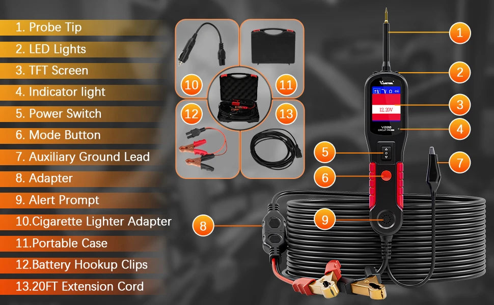 VDIAGTOOL V200 Car Electric Circuit Tester 6V-30V Power Probe Kit Electrical System Tester LCD