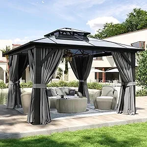 12'x10' Hardtop Gazebo, Aluminum Frame Permanent Pavilion with Curtains and Netting, Polycarbonate