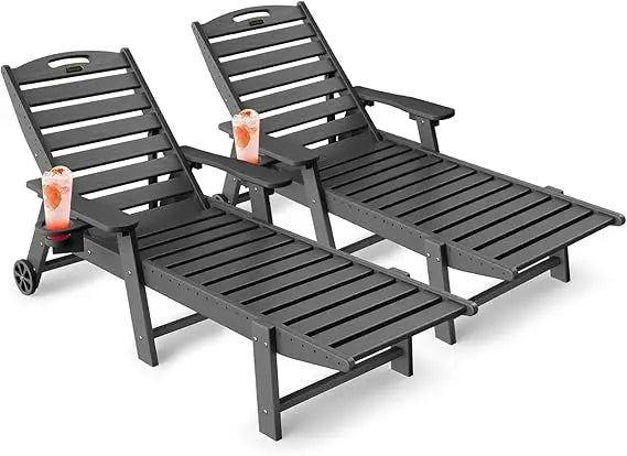 Lounge Chair Outdoor Set of 2, HDPE Chaise Lounge Outdoor w/6-Position & Wheels & Cup Holder