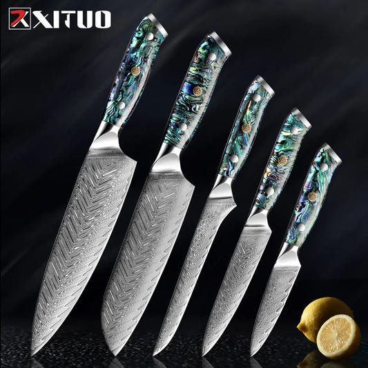 XITUO 1-5 PCS Damascus Steel knife Set Kitchen Cooking Knives Chef Knife Japanese Santoku Boning knife Exquisite Shell Handle