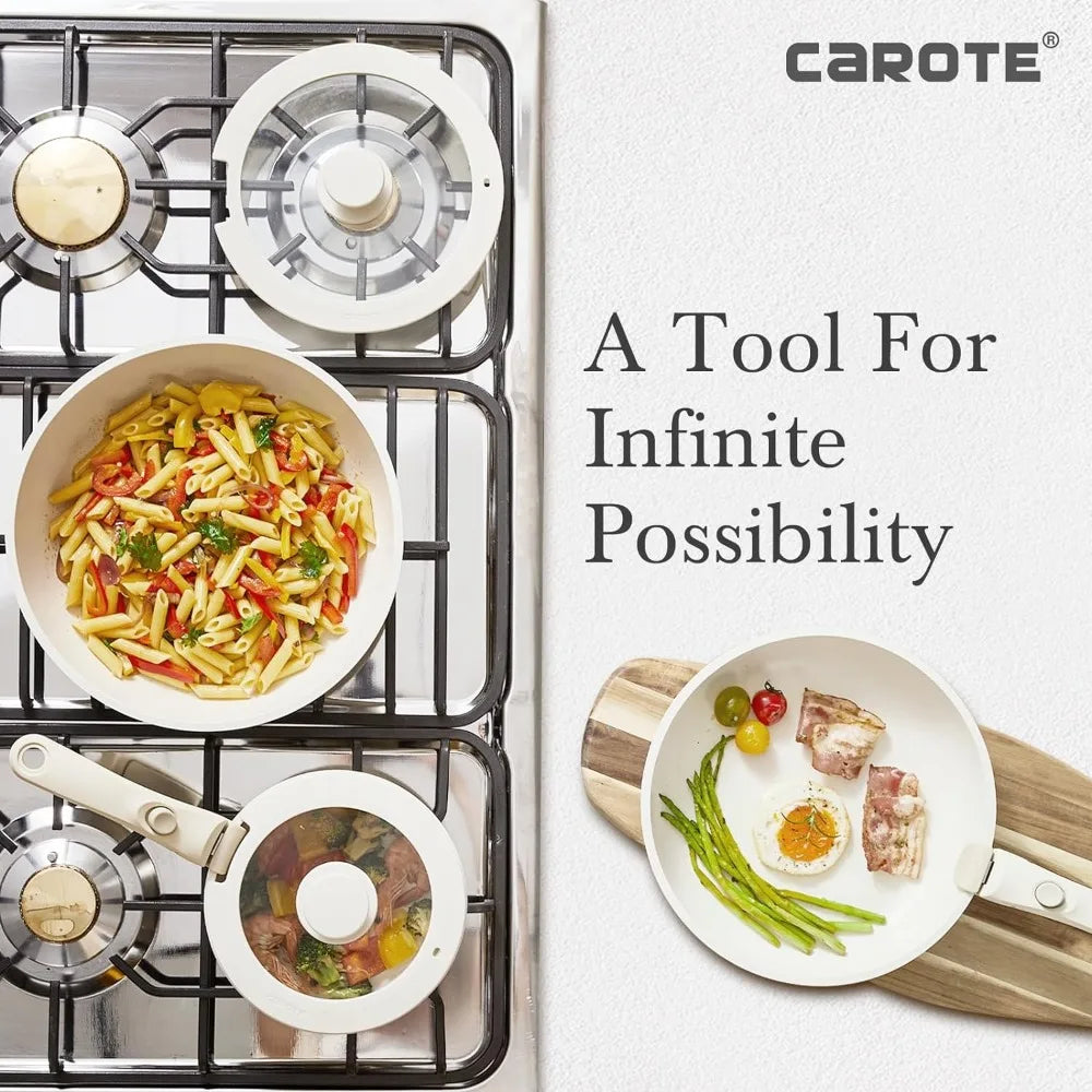 CAROTE 11pcs Pots and Pans Set, Nonstick Cookware Set Detachable Handle, Induction, Oven safe