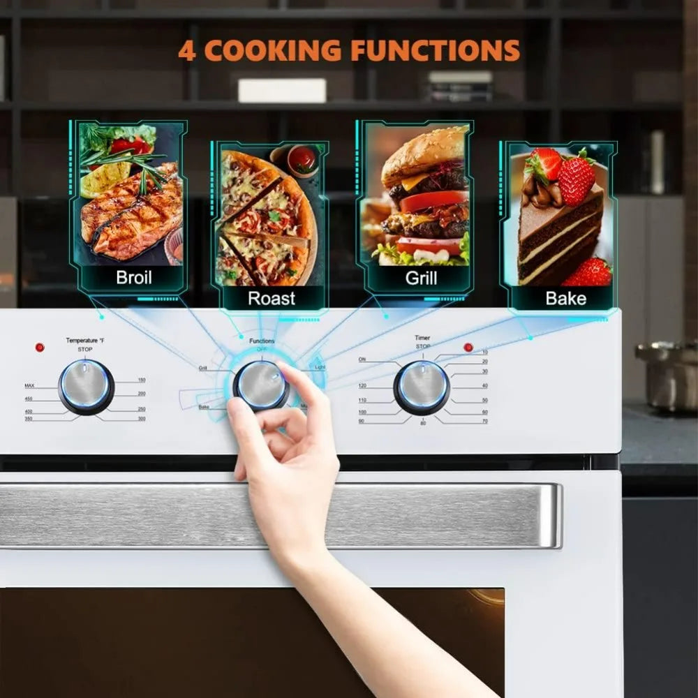 24" Single Wall Oven, 2.3 CuFt. Electric Wall Oven, 2000W White 240V Built-in Oven with Knobs