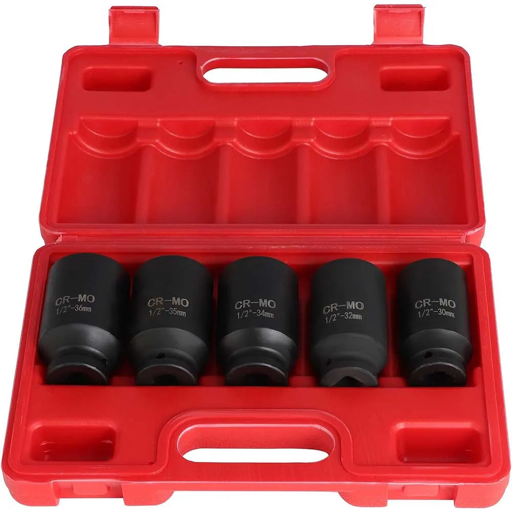 SCITOO 5Pcs 1/2Deep Spindle Axle Nut Socket Set 12 Point Metric 30 32 34 35 36Mm