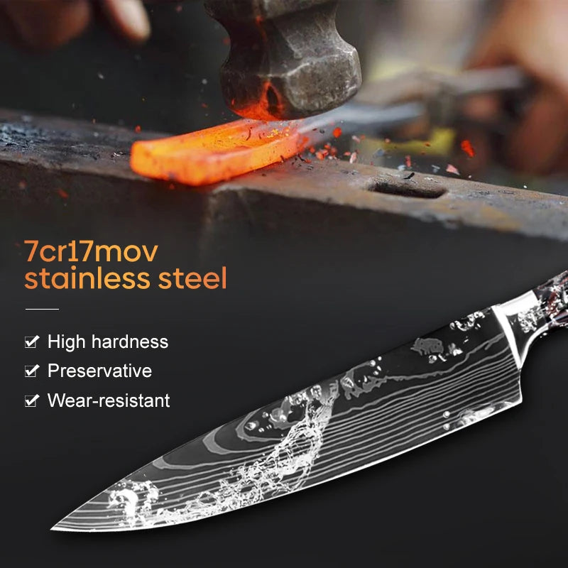 Kitchen Knife Set Damascus Pattern Stainless Steel  Japanese Santoku - My Store