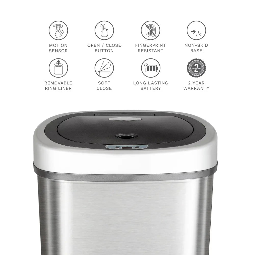 Litter Bins, Automatic Motion Sensor, Kitchen / Bath, Trash Can Stainless Steel w/Plastic Lid , 13 Gallon