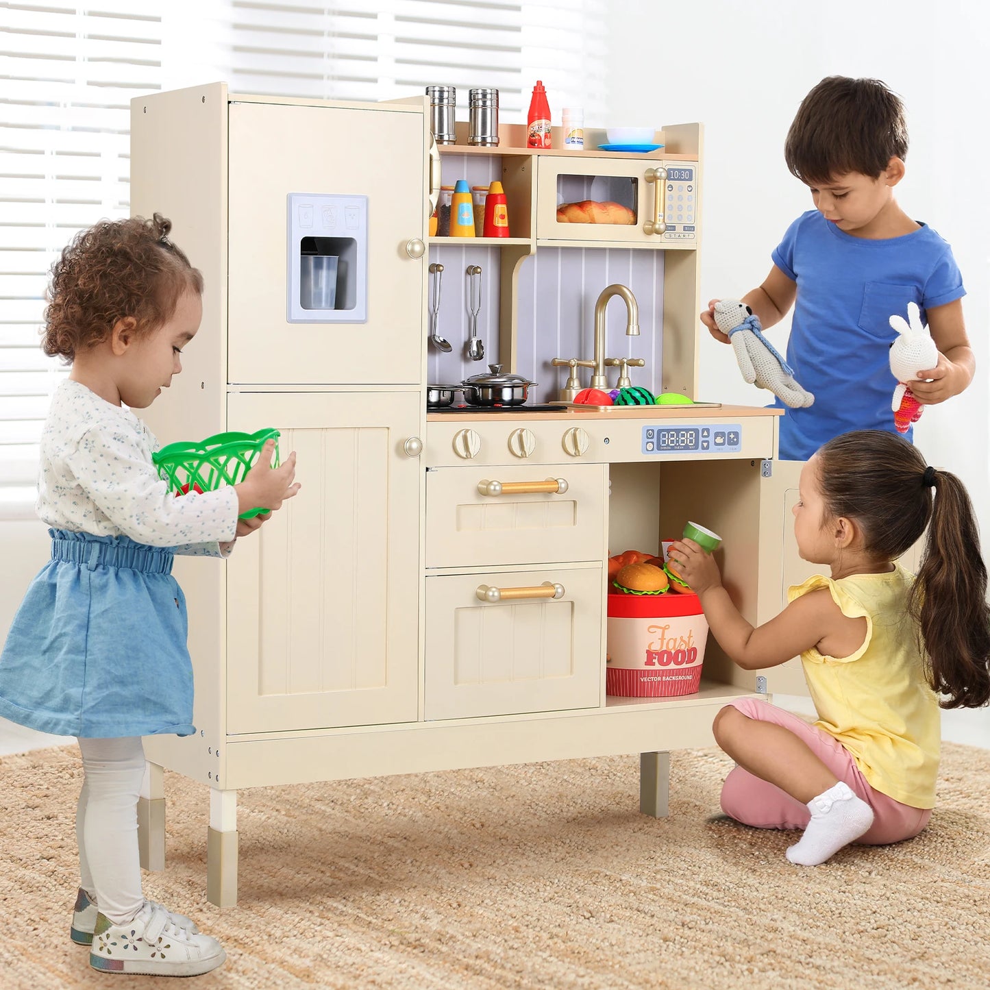 Play Kitchen for Kids, Preschool Kitchen Sets, Wooden Cooking Playset w/Realistic Light & Sound