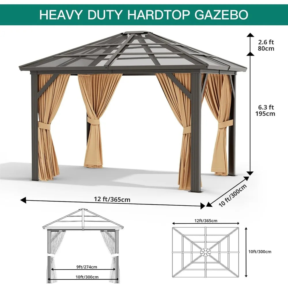 Aluminum Framed Pavilion w/Double Polycarbonate Roof, Curtains, and Netting for 10x12 Gazebo