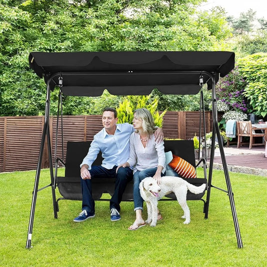 3-Seat Patio Swing Chair, Outdoor Porch Swing with Adjustable Canopy and Durable Steel Frame (Black)