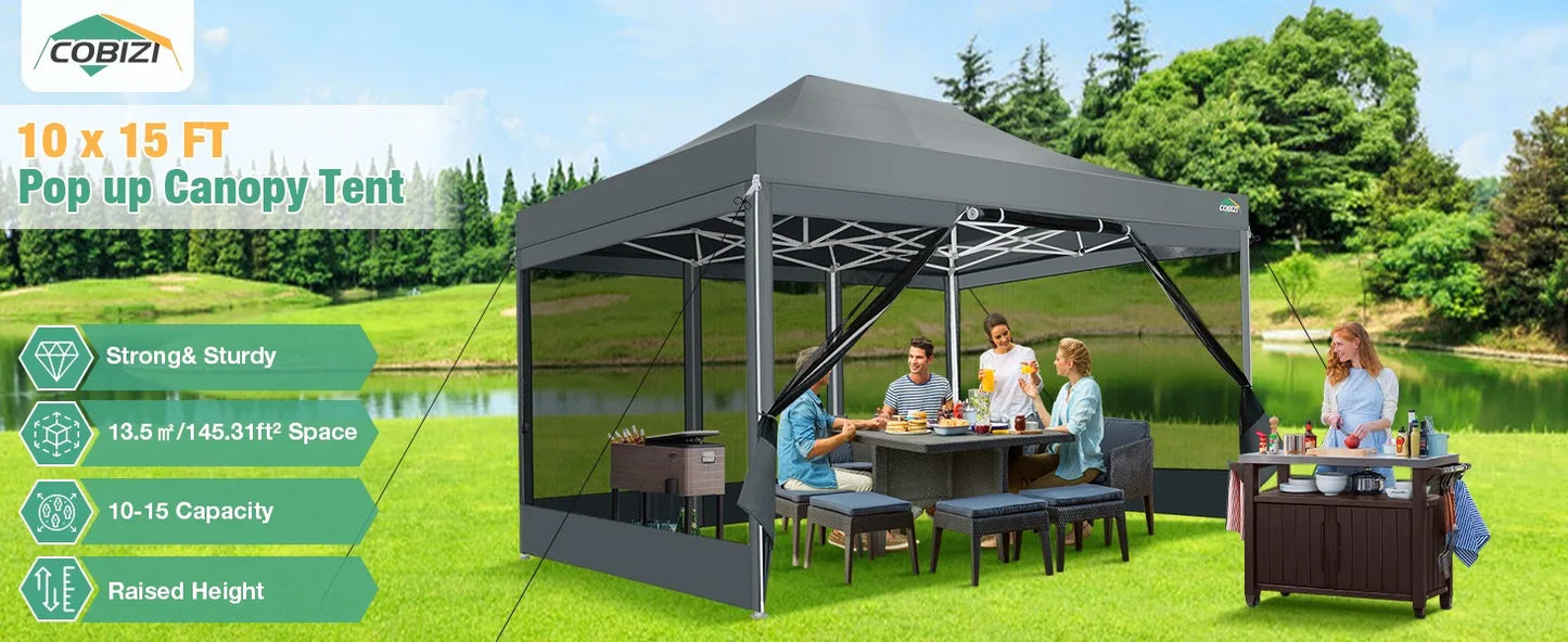 Canopy Tent 10x15 Heavy-Duty, Pop-Up Gazebo with Mosquito Netting, Waterproof Canopy with Sidewalls, Party Tent with Carry Bag