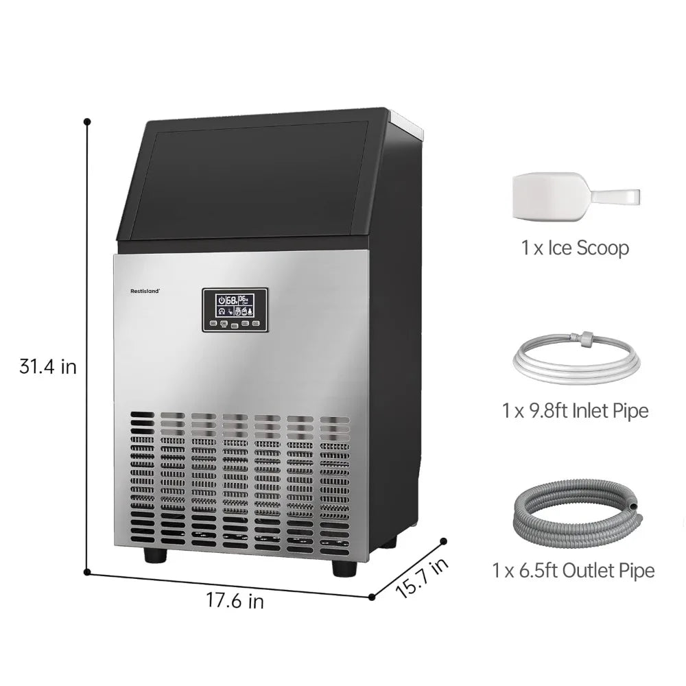 Commercial Ice Maker Machine, 100 lbs /24 h, 33 lbs Storage Bin, Stainless Steel, Compact