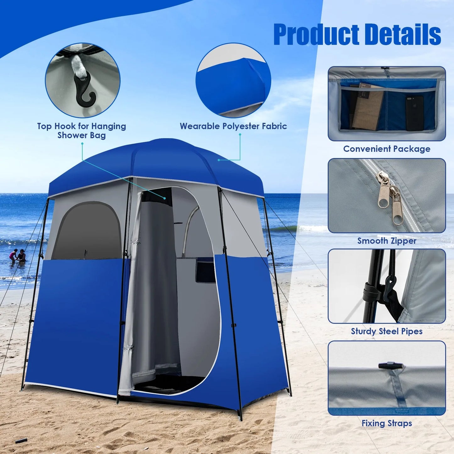 Double-Room Camping Shower Toilet Tent with Floor Oversize Portable Storage Bag
