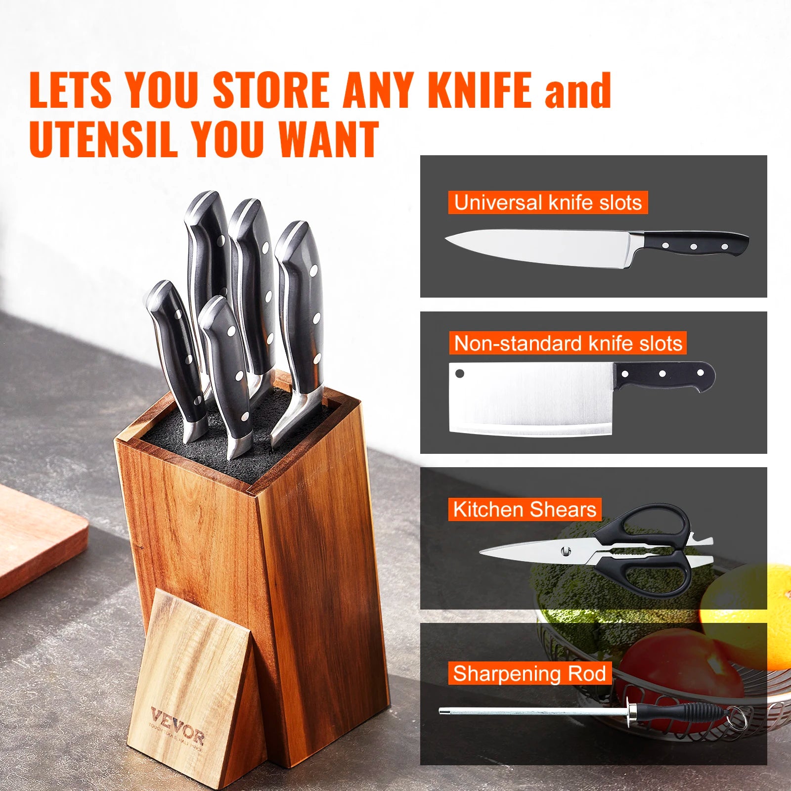 VEVOR Universal Knife Holder Acacia Wood Knife Block Extra Large Knife Storage Holder - My Store
