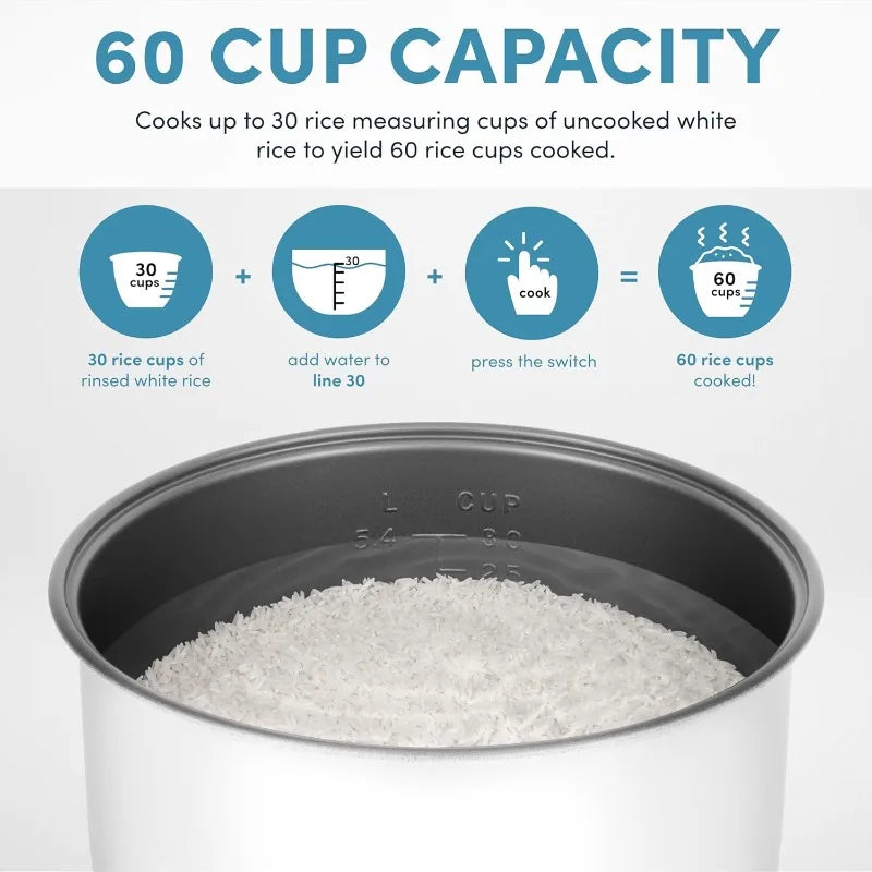 Housewares 60-Cup (Cooked) (30-Cup UNCOOKED) Rice Cooker, Stainless Steel Exterior, Silver